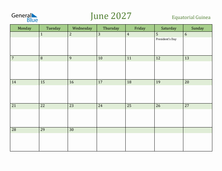 June 2027 Calendar with Equatorial Guinea Holidays