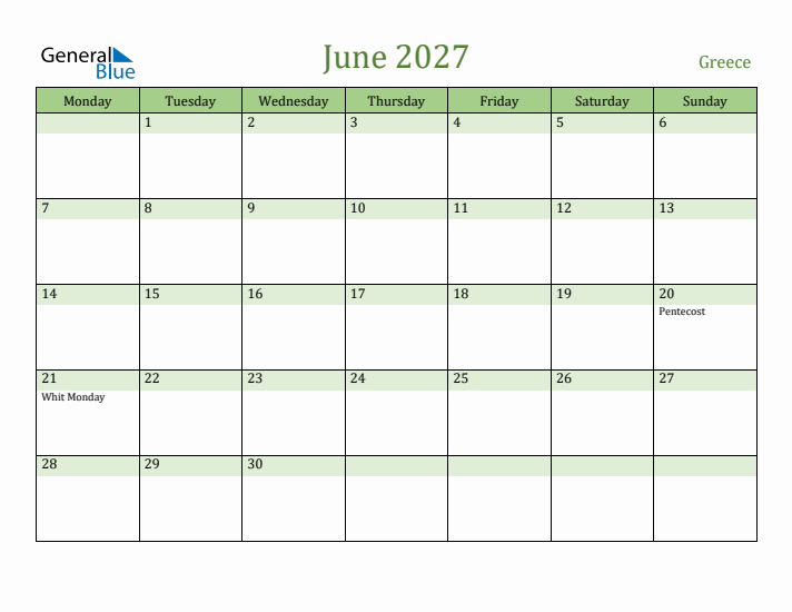 June 2027 Calendar with Greece Holidays