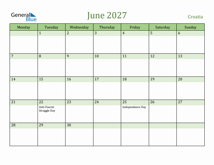June 2027 Calendar with Croatia Holidays
