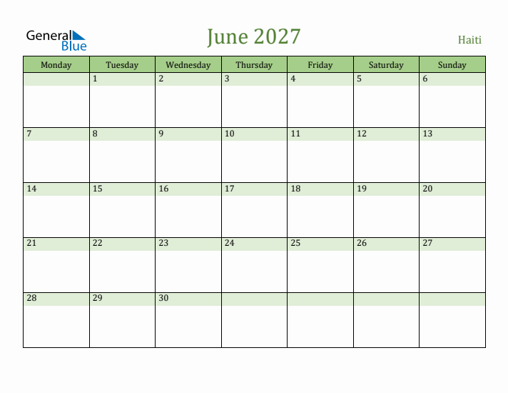 June 2027 Calendar with Haiti Holidays