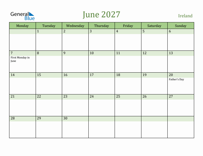 June 2027 Calendar with Ireland Holidays