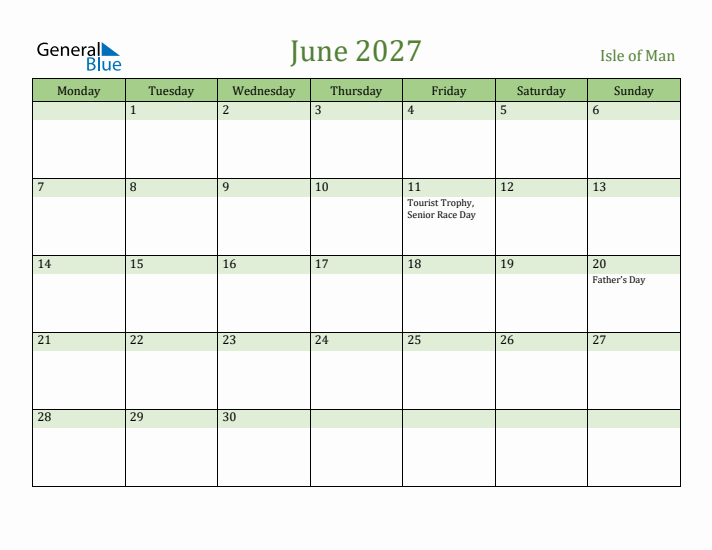 June 2027 Calendar with Isle of Man Holidays