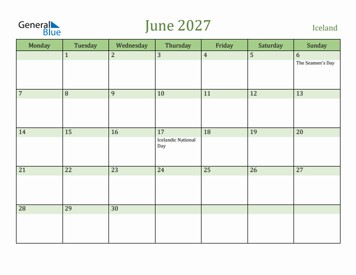 June 2027 Calendar with Iceland Holidays