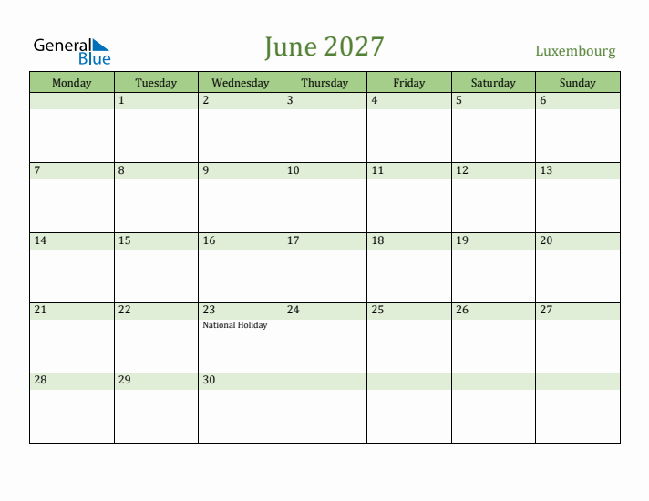 June 2027 Calendar with Luxembourg Holidays