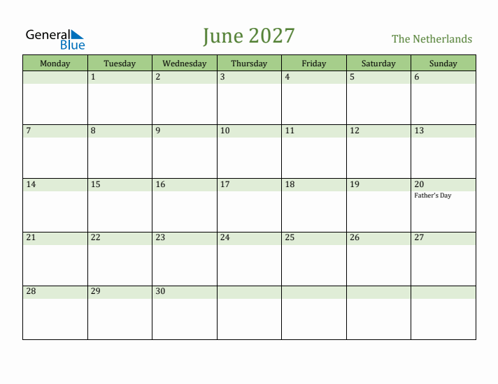 June 2027 Calendar with The Netherlands Holidays