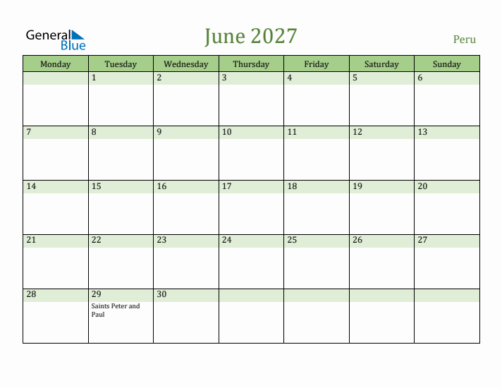 June 2027 Calendar with Peru Holidays