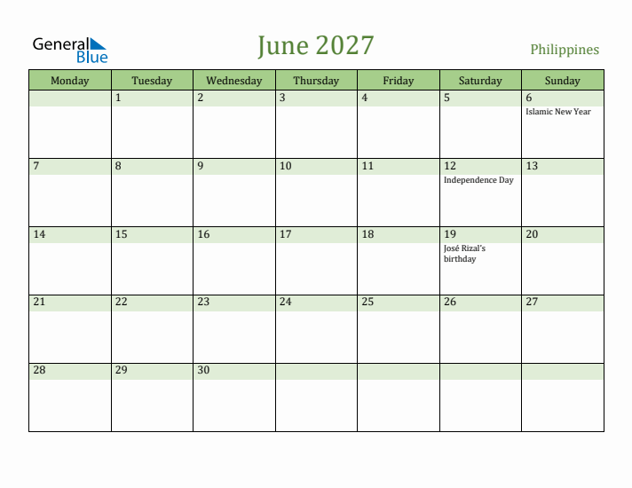 June 2027 Calendar with Philippines Holidays
