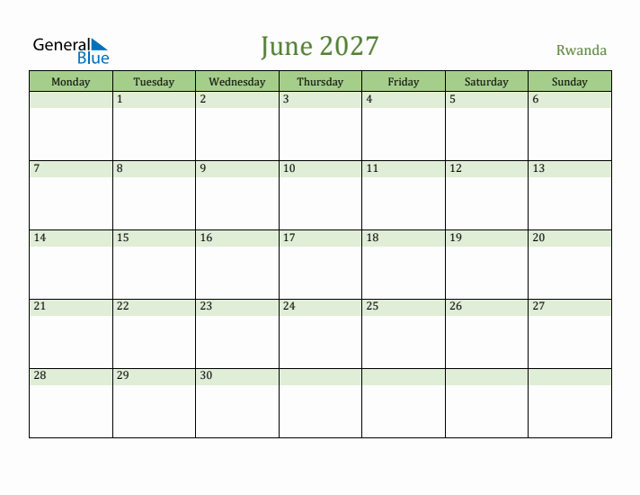 June 2027 Calendar with Rwanda Holidays