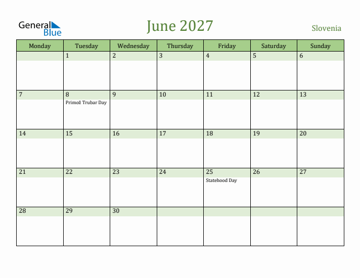 June 2027 Calendar with Slovenia Holidays