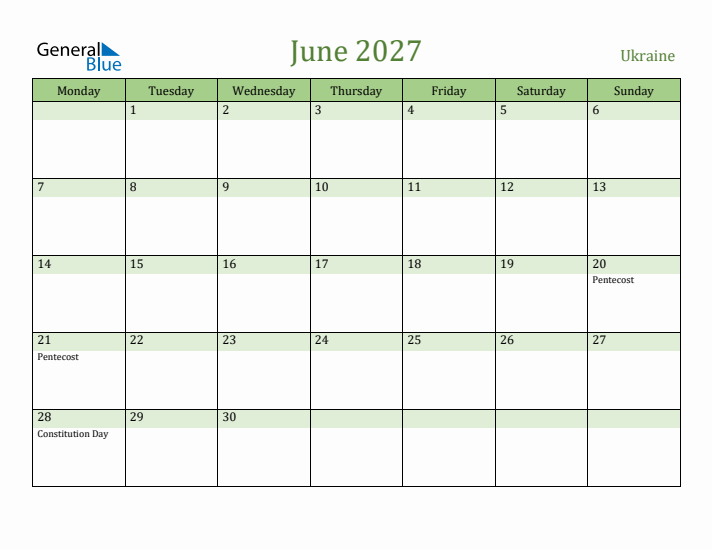 June 2027 Calendar with Ukraine Holidays