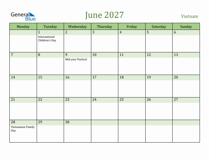 June 2027 Calendar with Vietnam Holidays