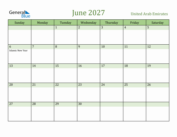 June 2027 Calendar with United Arab Emirates Holidays