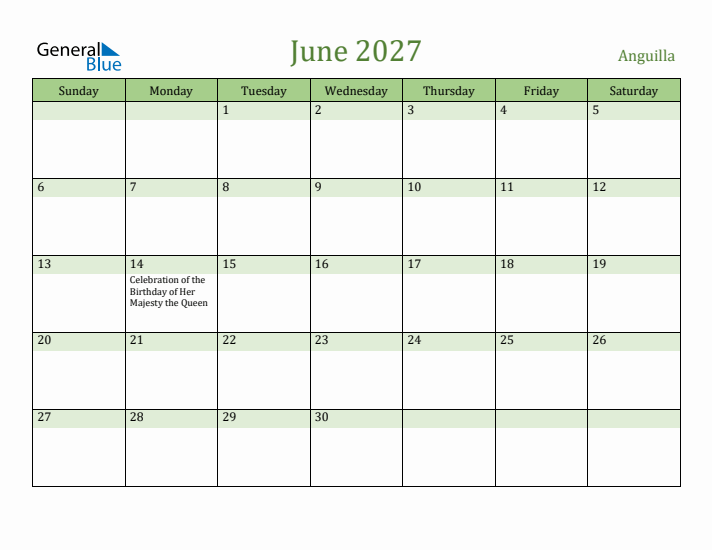 June 2027 Calendar with Anguilla Holidays