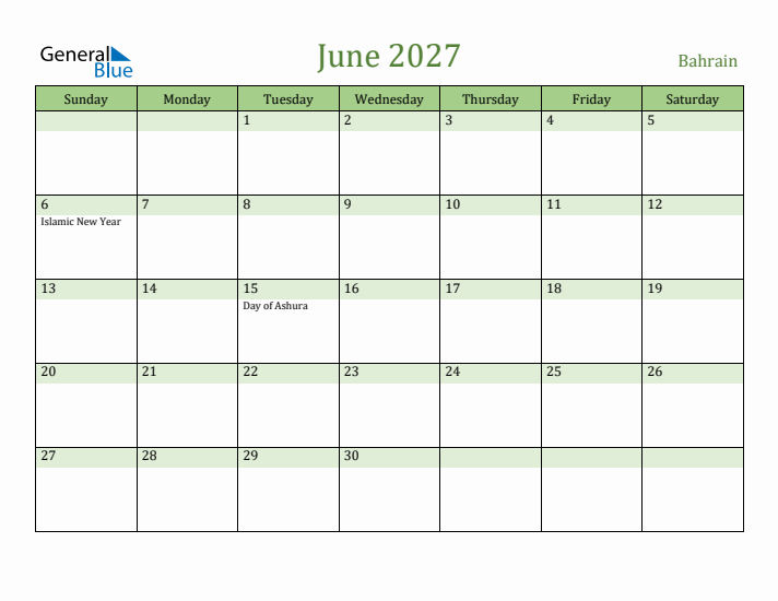 June 2027 Calendar with Bahrain Holidays