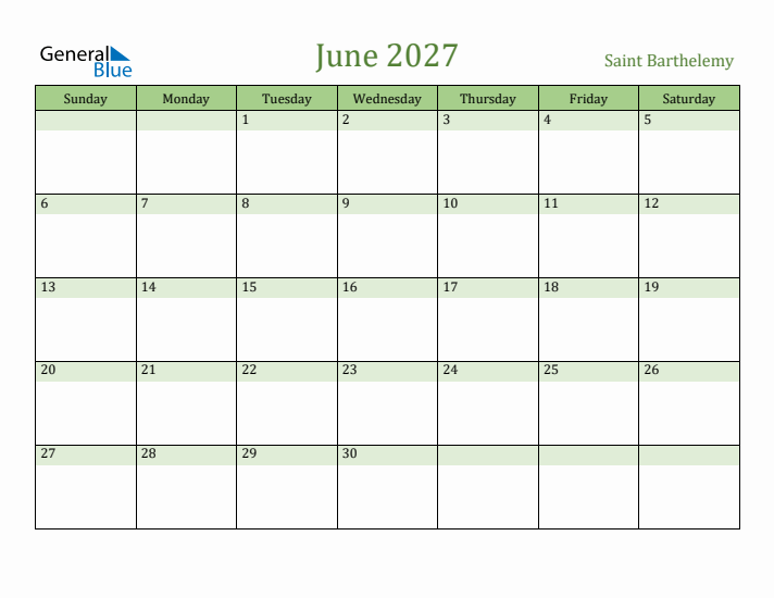 June 2027 Calendar with Saint Barthelemy Holidays