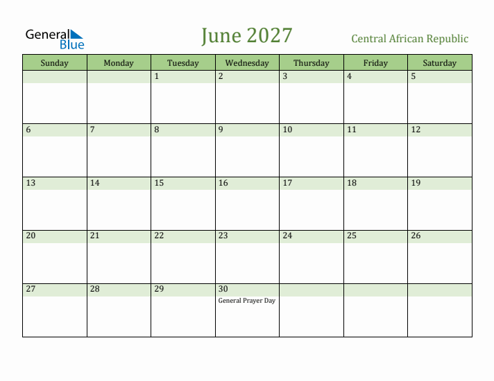 June 2027 Calendar with Central African Republic Holidays