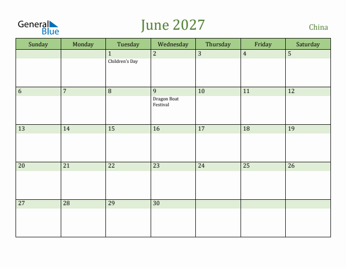 June 2027 Calendar with China Holidays