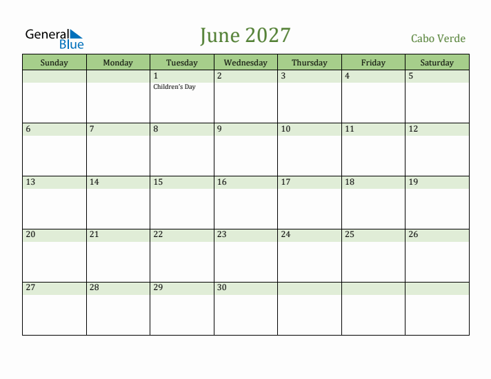 June 2027 Calendar with Cabo Verde Holidays