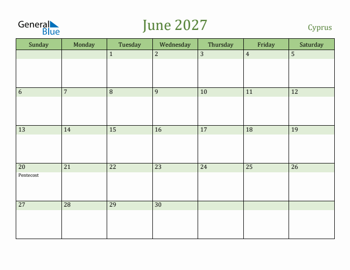June 2027 Calendar with Cyprus Holidays