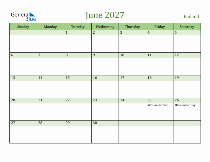 June 2027 Calendar with Finland Holidays