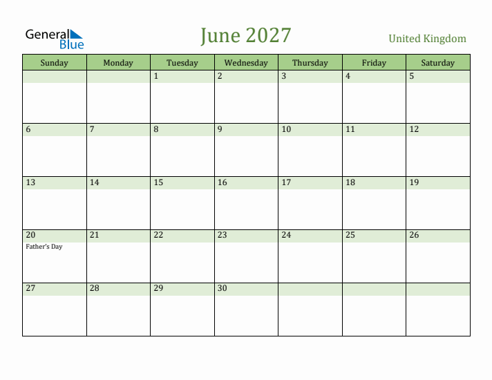 June 2027 Calendar with United Kingdom Holidays