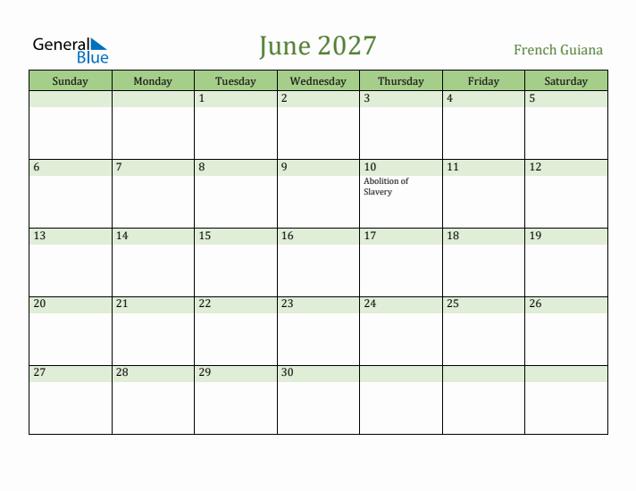 June 2027 Calendar with French Guiana Holidays