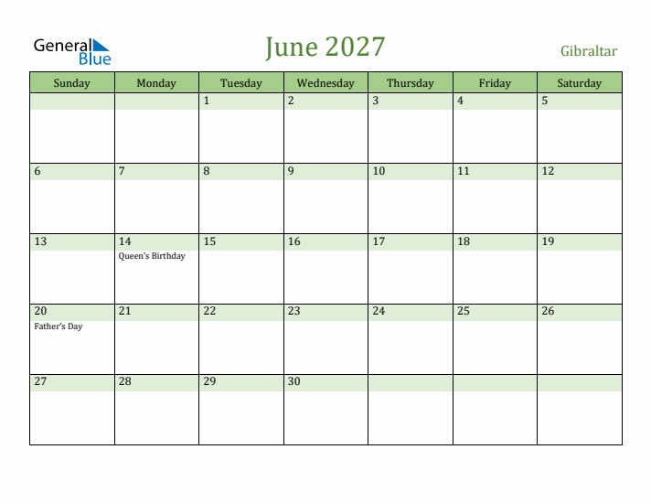 June 2027 Calendar with Gibraltar Holidays