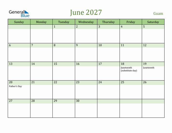 June 2027 Calendar with Guam Holidays