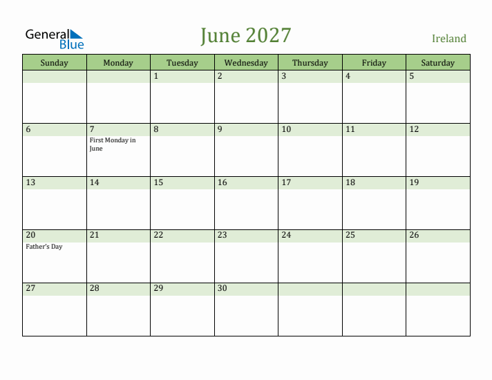 June 2027 Calendar with Ireland Holidays