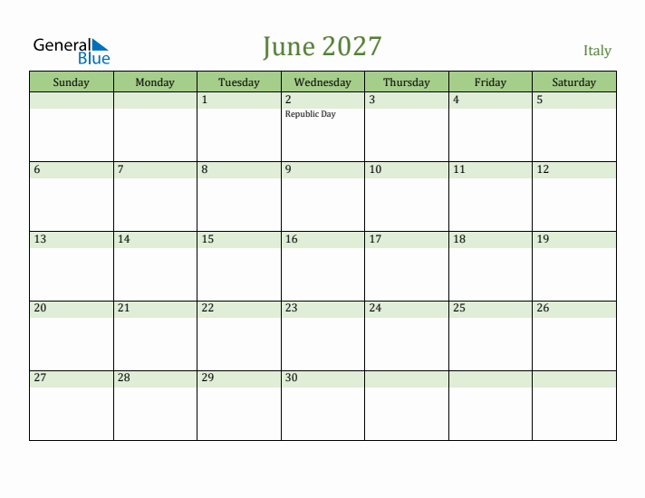 June 2027 Calendar with Italy Holidays