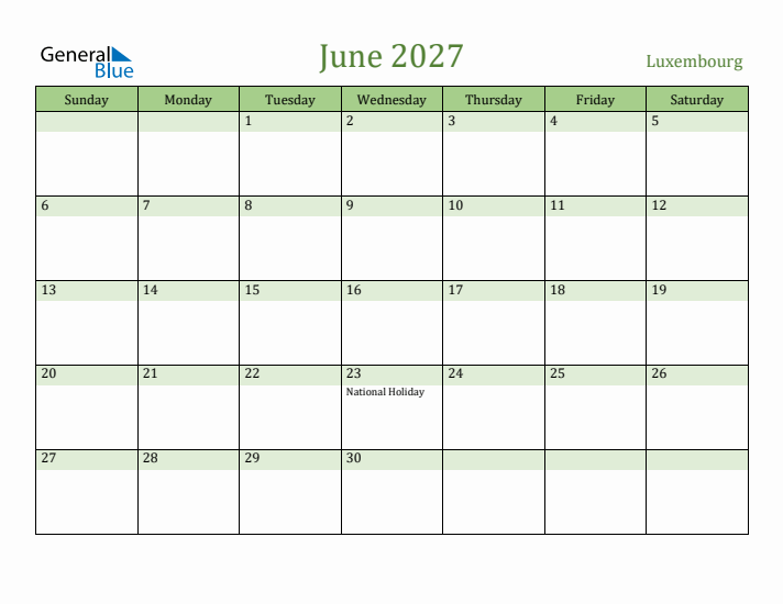 June 2027 Calendar with Luxembourg Holidays