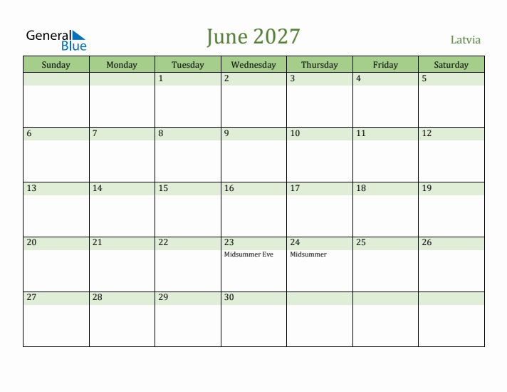 June 2027 Calendar with Latvia Holidays