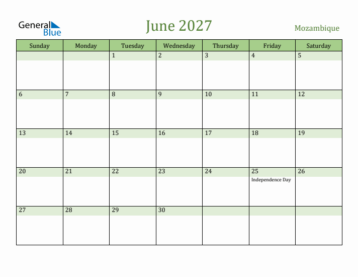 June 2027 Calendar with Mozambique Holidays