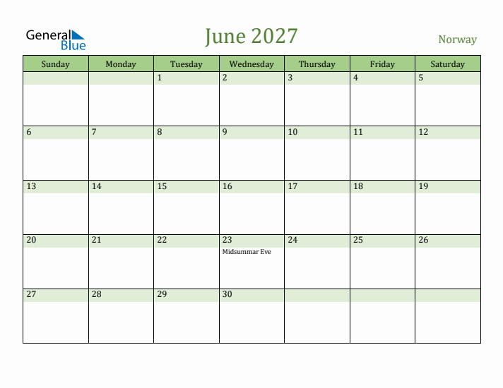 June 2027 Calendar with Norway Holidays