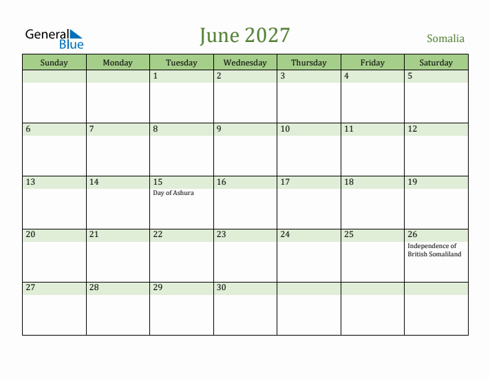June 2027 Calendar with Somalia Holidays