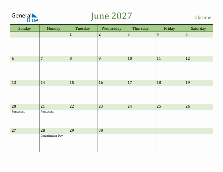 June 2027 Calendar with Ukraine Holidays