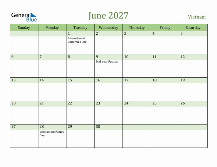 June 2027 Calendar with Vietnam Holidays