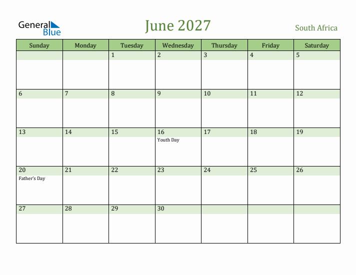 June 2027 Calendar with South Africa Holidays