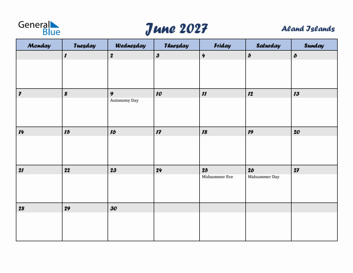 June 2027 Calendar with Holidays in Aland Islands