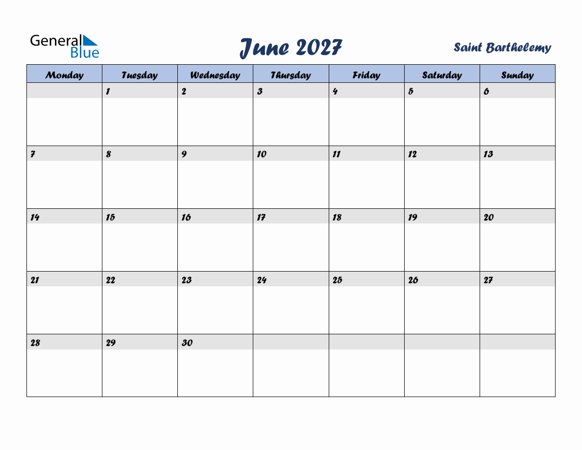 June 2027 Monthly Calendar Template With Holidays For Saint Barthelemy