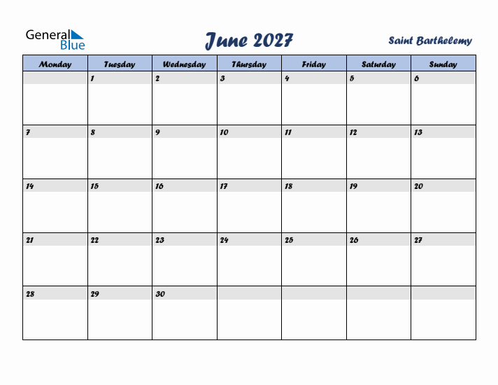 June 2027 Calendar with Holidays in Saint Barthelemy