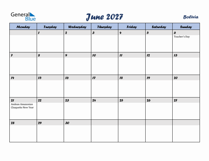 June 2027 Calendar with Holidays in Bolivia