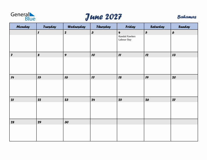 June 2027 Calendar with Holidays in Bahamas