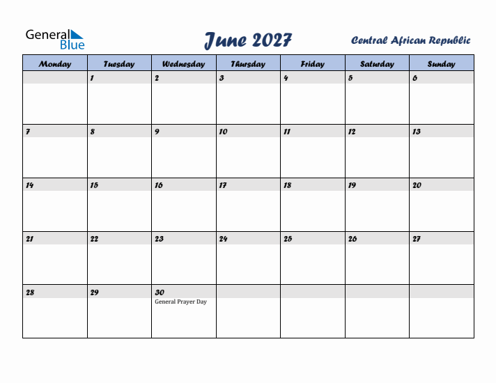 June 2027 Calendar with Holidays in Central African Republic