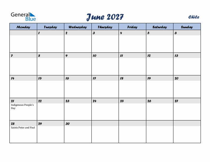 June 2027 Calendar with Holidays in Chile
