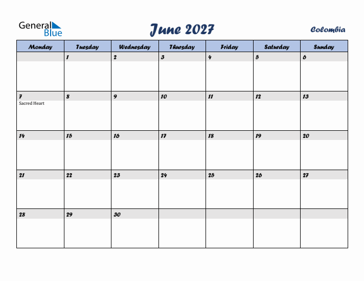 June 2027 Calendar with Holidays in Colombia