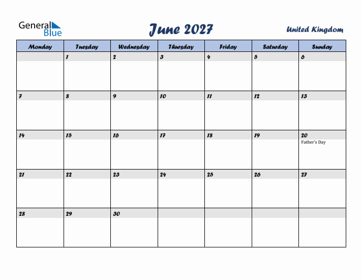 June 2027 Calendar with Holidays in United Kingdom