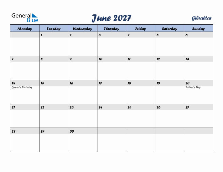 June 2027 Calendar with Holidays in Gibraltar