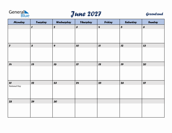 June 2027 Calendar with Holidays in Greenland