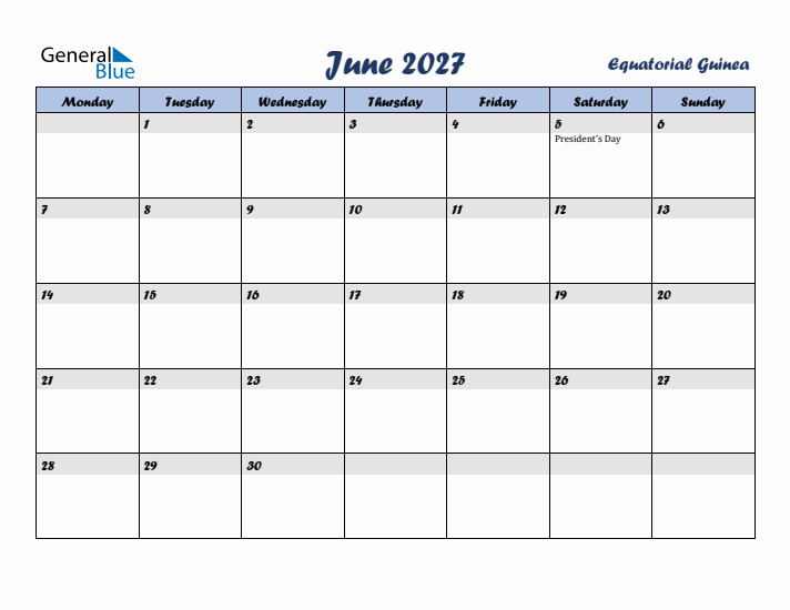 June 2027 Calendar with Holidays in Equatorial Guinea